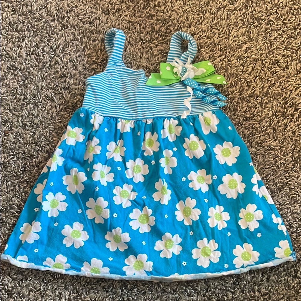 Sophia Rose Striped and Floral Blue Little Girls Dress with Green Bow
